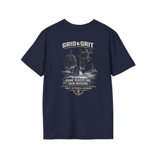 Grid & Grit T-Shirt — Navy Veteran Linemen Graphic Tee (“Same Discipline, New Mission”)